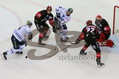 DEL - Eishockey - ERC Ingolstadt - Kölner Haie - Saison 2017/2018 - Mike Collins (#13 ERCI) - Daniar Dshunussow(Torwart #30 Köln) - Kael Mouillierat (#22 ERCI) - Pascal Zerressen(#27 Köln) - Foto: Meyer Jürgen