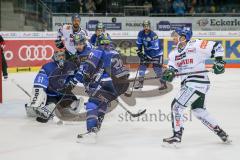 DEL - Eishockey - ERC Ingolstadt - Augsburger Panther - Saison 2017/2018 - Timo Pielmeier (#51Torwart ERCI) - Greg Mauldin (#20 ERCI) - Fabio Wagner (#5 ERCI) - Michael Davies (#9 AEV) - Foto: Meyer Jürgen