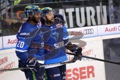 DEL - Eishockey - ERC Ingolstadt - Iserlohn Roosters - Tor zum 4:0 Jubel Sean Sullivan (ERC 37) mit Greg Mauldin (ERC 20)