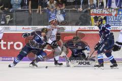 DEL - Eishockey - ERC Ingolstadt - Kölner Haie - PlayOff VF - Spiel 4 - Ville Kaistinen (ERC 10) verteidigt gegen Alexander Oblinger (50 Köln), Torwart Jochen Reimer (ERC 32) Benedikt Kohl (ERC 34)