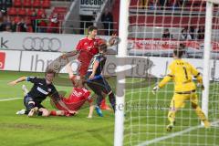 2. BL - Saison 2013/2014 - FC Ingolstadt 04 - SC Paderborn - Moritz Hartmann (9) fällt vor dem Tor und moniert Hand, hinten Andre Mijatović (4)