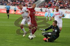 2. BL - FC Ingolstadt 04 - 1. FC Köln - 2014 - Kampf vor dem Tor, links Jonas Hector und rechst Moritz Hartmann (9), Torwart Timo Horn Klärt