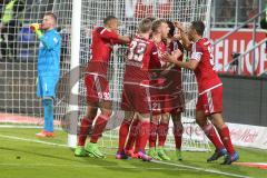 1. BL - Saison 2016/2017 - FC Ingolstadt 04 - 1.FC Köln - Lezcano Farina,Dario (#37 FCI) trifft zum 1:1 Ausgleichstreffer - Tor - Jubel - Florent Hadergjonaj (#33 FCI) - Marvin Matip (#34 FCI) - Foto: Meyer Jürgen