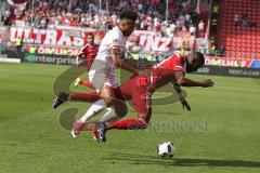 1. BL - Saison 2016/2017 - FC Ingolstadt 04 - 1. FSV Mainz 05 - Jean-Philippe Gbamin Mainz weiss foult Roger de Oliveira Bernardo (#8 FCI) - Foto: Meyer Jürgen