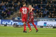 2. Bundesliga - Fußball - DSC Arminia Bielefeld - FC Ingolstadt 04 - abklatschen Stefan Kutschke (20, FCI) Alfredo Morales (6, FCI)