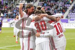 2. Bundesliga - FC Erzgebirge Aue - FC Ingolstadt 04 - Malcolm Cacutalua (Aue 21) macht Eigentor zum 0:3, Jubel Darío Lezcano (11, FCI), Björn Paulsen (4, FCI) Thomas Pledl (30, FCI) Sonny Kittel (10, FCI)