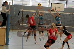 Volleyball Damen MTV Ingolstadt gegen TSV Obergünzburg - Tönnis K. und Schüller E. beim blocken(blau) -Foto: Jürgen Meyer