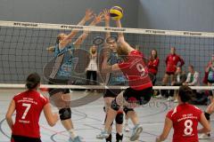 Volleyball Damen MTV Ingolstadt gegen TSV Obergünzburg - Tönnis K. beim blocken links (blau) -Foto: Jürgen Meyer