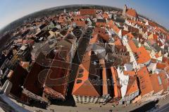 Ingolstadt Ansichten Stadtmitte vom Pfeifturm der Moritzkirche - Fischauge, mitte Dollstrasse und oben rechts das Münster