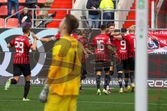 3.Liga - Saison 2022/2023 - FC Ingolstadt 04 -  SV Meppen - Der 1:0 Führungstreffer durch Patrick Schmidt (Nr.9 - FCI) - jubel - Torwart Mathias Harsman (Nr.1 - SV Meppen) - Foto: Meyer Jürgen