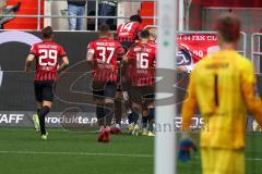 3.Liga - Saison 2022/2023 - FC Ingolstadt 04 -  SV Meppen - Der 1:0 Führungstreffer durch Patrick Schmidt (Nr.9 - FCI) - jubel - Torwart Mathias Harsman (Nr.1 - SV Meppen) - Foto: Meyer Jürgen