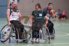 Rollstuhlbasketball —  Saison 2023/24 - Schanzer Wheelys - SV Reha Augsburg - Valentin Gmeiner Schanzer Wheelys  -  Sebastian Schunke #16 Augsburg - Georg Sager #14 Schanzer Wheelys  - Foto: Meyer Jürgen