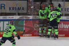 DEL - Eishockey - Saison 2020/21 - ERC Ingolstadt - Eisbären Berlin - Der 1:0 Führungstreffer durch Louis-Marc Aubry (#11 ERCI) Frederik Storm (#9 ERCI) -  Mirko Höfflin (#10 ERCI) - jubel - Foto: Jürgen Meyer