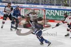 Penny DEL - Eishockey - Saison 2021/22 - ERC Ingolstadt - Kölner Haie - Chris Bourque (#77 ERCI) - Justin Pogge Torwart (#49 Köln) - David Warsofsky (#55 ERCI) -  Foto: Stefan Bösl