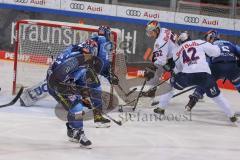 DEL - Eishockey - Saison 2020/21 - ERC Ingolstadt - EHC Red Bull München - Michael Garteig Torwart (#34 ERCI) - Daniel Pietta (#86 ERCI) - Yasin Ehliz (#42 München) - Patrick Hager (#52 München) - Frederik Storm (#9 ERCI) - Foto: Jürgen Meyer