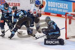 DEL; Playoffs; ERC Ingolstadt - Adler Mannheim; Halbfinale; Torwart Kevin Reich (35 - ERC) Tyler Gaudet (Nr.58 - Adler) Mathew Bodie (22 - ERC) Tye McGinn (16 ERC)