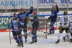 DEL - Eishockey - Saison 2020/21 - ERC Ingolstadt - Krefeld Pinguine - Der 4:3 Führungstreffer durch Frederik Storm (#9 ERCI) - Louis-Marc Aubry (#11 ERCI) - Mirko Höfflin (#10 ERCI) - jubel - Foto: Jürgen Meyer