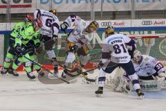 DEL - Eishockey - Saison 2020/21 - ERC Ingolstadt - Eisbären Berlin - Samuel Soramies (#28 ERCI) - Frank Hördler (#7 Berlin) - Mathias Niederberger Torwart (#35 Berlin) - Sebastian Streu (#81 Berlin) - Foto: Jürgen Meyer