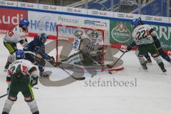 Penny DEL - Eishockey - Saison 2021/22 - ERC Ingolstadt - Augsburger Panther -  Scott Valentine (#22 Augsburg) - Louis-Marc Aubry (#11 ERCI) - Markus Keller Torwart (#35 Augsburg) -Fabio Wagner (#5 ERCI) -  Foto: Stefan Bösl