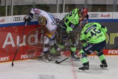 DEL - Eishockey - Saison 2020/21 - ERC Ingolstadt - Eisbären Berlin - Fabian Dietz (#87 Berlin) - Wojciech Stachowiak (#19 ERCI) - Ben Marshall (#45 ERCI) - Foto: Jürgen Meyer