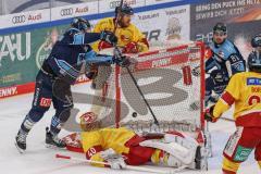 DEL; Playoffs; ERC Ingolstadt - DEG Düsseldorf; Mirko Höfflin (10 - ERC) Tor Jubel Treffer stochert den Puck ins Tor von Torwart Henrik Haukeland (Nr.40 - DEG), Bernhard Ebner (Nr.67 - DEG) versucht zu fangen