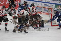 Penny DEL - Pre-Playoff - Spiel 2 - Eishockey - Saison 2021/22 - ERC Ingolstadt - Kölner Haie -Jerome Flaake (#90 ERCI) - Torwart Justin Pogge (Nr.49 - Kölner Haie) - #Alexander Oblinger (Nr.50 - Kölner Haie) - Jerome Flaake (#90 ERCI) -   Foto: Jürgen Me