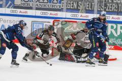 Penny DEL - Eishockey - Saison 2021/22 - ERC Ingolstadt - Kölner Haie - Brandon Defazio (#24 ERCI) - Justin Pogge Torwart (#49 Köln) - Mirko Höflin (#10 ERCI) - Moritz Müller (#91 Köln) -  Foto: Stefan Bösl