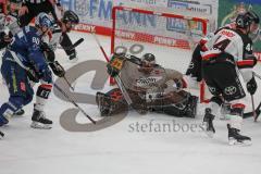 Penny DEL - Pre-Playoff - Spiel 2 - Eishockey - Saison 2021/22 - ERC Ingolstadt - Kölner Haie -Jerome Flaake (#90 ERCI) - Torwart Justin Pogge (Nr.49 - Kölner Haie) - #Alexander Oblinger (Nr.50 - Kölner Haie) - Jerome Flaake (#90 ERCI) -   Foto: Jürgen Me