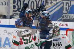 Penny DEL - Eishockey - Saison 2021/22 - ERC Ingolstadt - Augsburger Panther - Der 3:0 Führungstreffer durch Frederik Storm (#9 ERCI) - jubel -  Markus Keller Torwart (#35 Augsburg) - Dennis Miller (#52 Augsburg) - Brandon Defazio (#24 ERCI) - Frederik St