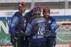 DEL - Eishockey - Saison 2020/21 - ERC Ingolstadt - Krefeld Pinguine - Der 4:3 Führungstreffer durch Frederik Storm (#9 ERCI) - Louis-Marc Aubry (#11 ERCI) - Mirko Höfflin (#10 ERCI) - jubel - Foto: Jürgen Meyer