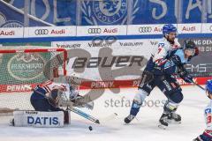 DEL; Playoffs; ERC Ingolstadt - Adler Mannheim; Halbfinale; Puck trifft Torwart Arno Tiefensee (Nr.30 - Adler) am Kopf, Sinan Akdag (Nr.7 - Adler) Frederik Storm (9 - ERC)