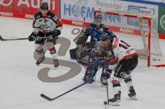 Penny DEL - Pre-Playoff - Spiel 2 - Eishockey - Saison 2021/22 - ERC Ingolstadt - Kölner Haie - Danny Taylor Torwart (#70 ERCI) - Fabio Wagner (#5 ERCI) - Jon Matsumoto (Nr.10 - Kölner Haie) - Alexander Oblinger (Nr.50 - Kölner Haie) -  Foto: Jürgen Meyer