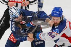 Penny DEL - Eishockey - Saison 2021/22 - ERC Ingolstadt - Adler Mannheim - Zweikampf - Boxkampf zwischen Colton Jobke (#7 ERCI) und Andrew Desjardins (#84 Mannheim) -  Foto: Meyer Jürgen