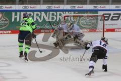 DEL - Eishockey - Saison 2020/21 - ERC Ingolstadt - Nürnberg Ice Tigers  - Ryan Kuffner (#12 ERCI) - Niklas Treutle Torwart (#31 Nürnberg) -  Foto: Jürgen Meyer