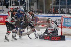 Penny DEL - Pre-Playoff - Spiel 2 - Eishockey - Saison 2021/22 - ERC Ingolstadt - Kölner Haie - Torwart Justin Pogge (Nr.49 - Kölner Haie) - Brandon Defazio (#24 ERCI) - Maurice Edwards (Nr.23 - Kölner Haie) - Moritz Müller (Nr.91 - Kölner Haie) -  Foto: 