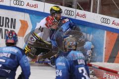 DEL - Eishockey - Saison 2020/21 - ERC Ingolstadt - Krefeld Pinguine - Filips Buncis (#14 Krefeld) - Ben Marshall (#45 ERCI) - check an die Bande  -Foto: Jürgen Meyer