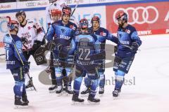 DEL - ERC Ingolstadt - Kölner Haie - Tor 2:1 durch Petrus Palmu (52 ERC) Jubel mit Mathew Bodie (22 ERC) Wayne Simpson (21 ERC) Tim Wohlgemuth (33 - ERC)