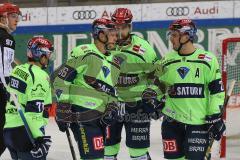 DEL - Eishockey - Saison 2020/21 - ERC Ingolstadt - Nürnberg Ice Tigers - Der 7:0 Treffer durch Daniel Pietta (#86 ERCI) - jubel - Justin Feser (#71 ERCI) - Brandon Defazio (#24 ERCI) - Wayne Simpson (#21 ERCI) - Foto: Jürgen Meyer