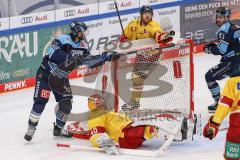 DEL; Playoffs; ERC Ingolstadt - DEG Düsseldorf; Mirko Höfflin (10 - ERC) stochert den Puck vom Tornetz runter ins Tor zum 4:6 Anschlusstreffer, Tor Jubel Treffer gegen Torwart Henrik Haukeland (Nr.40 - DEG) Bernhard Ebner (Nr.67 - DEG) Wayne Simpson (21 -