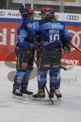 DEL - Eishockey - Saison 2020/21 - ERC Ingolstadt - Augsburger Panther - Der 1:0 Führungstreffer durch Tim Wohlgemuth (#33 ERCI) - Mirko Höfflin (#10 ERCI) -  - jubel - Foto: Jürgen Meyer