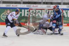 DEL - Eishockey - Saison 2020/21 - ERC Ingolstadt - EHC Red Bull München - Kevin Reich Torwart (#35 München) - Frederik Storm (#9 ERCI) - Foto: Jürgen Meyer