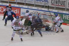 DEL - Eishockey - Saison 2020/21 - ERC Ingolstadt - Augsburger Panther - Oliver Roy Torwart (#31 Augsburg) verletzt auf dem Eis - Justin Feser (#71 ERCI) - Daniel Pietta (#86 ERCI) - Brandon Defazio (#24 ERCI) - Foto: Jürgen Meyer