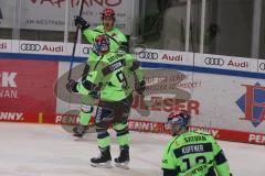 DEL - Eishockey - Saison 2020/21 - ERC Ingolstadt - Eisbären Berlin - Der 1:0 Führungstreffer durch Louis-Marc Aubry (#11 ERCI) Frederik Storm (#9 ERCI) -  - jubel - Foto: Jürgen Meyer