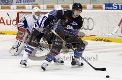 Patrick Buzas versucht mit dem Rücken zum Tor zum Erfolg zu kommen.Aufgenommen am 01.03.2011 während dem Spiel ERCI vs. Hamburg Freezers in der Ingolstädter Saturn Arena. Endstand 3:5