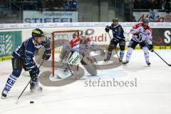 DEL - ERC Ingolstadt - Eisbären Berlin - Derek Hahn sucht  einen freien Mitspieler. Hinten wartet Jared Ross. Foto: Adalbert Michalik