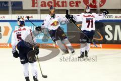 DEL - Eishockey - ERC Ingolstadt - Saison 2019/2020 - EHC Red Bulls Mnchen - Frank Mauer (#28, EHCM), Chris Bourque (#71, EHCM), Keith Julie (#5, EHCM), Torjubel, Tor