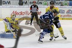 ERC Ingolstadt - Krefeld Pinguine - Stephan Kronthaler (#8 ERC Ingolstadt) - Tomas Duba Torwart Krefeld - David Fischer #3 gelb Krefeld - Foto: Jürgen Meyer