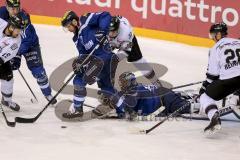 DEL - Eishockey - ERC Ingolstadt - Nürnberg Ice Tigers - Saison 2016/2017 - Spieltag: 49 - Timo Pielmeier Torwart (#51 ERC) schmeißt sich auf den Puck - Thomas Oppenheimer (#8 ERC) Jean-Francois Jacques (#44 ERC) -Brandon Segal (#26 Nürnberg Ice Tigers)  