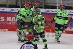 DEL - Eishockey - Saison 2020/21 - ERC Ingolstadt - Nürnberg Ice Tigers  - Der 4:0 Treffer durch Mathew Bodie (#22 ERCI) - jubel - Mirko Höfflin (#10 ERCI) - Tim Wohlgemuth (#33 ERCI) - Morgan Ellis (#4 ERCI) - Foto: Jürgen Meyer