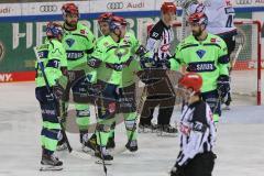 DEL - Eishockey - Saison 2020/21 - ERC Ingolstadt - Nürnberg Ice Tigers - Der 7:0 Treffer durch Daniel Pietta (#86 ERCI) - jubel - Justin Feser (#71 ERCI) - Brandon Defazio (#24 ERCI) - Wayne Simpson (#21 ERCI) - Foto: Jürgen Meyer